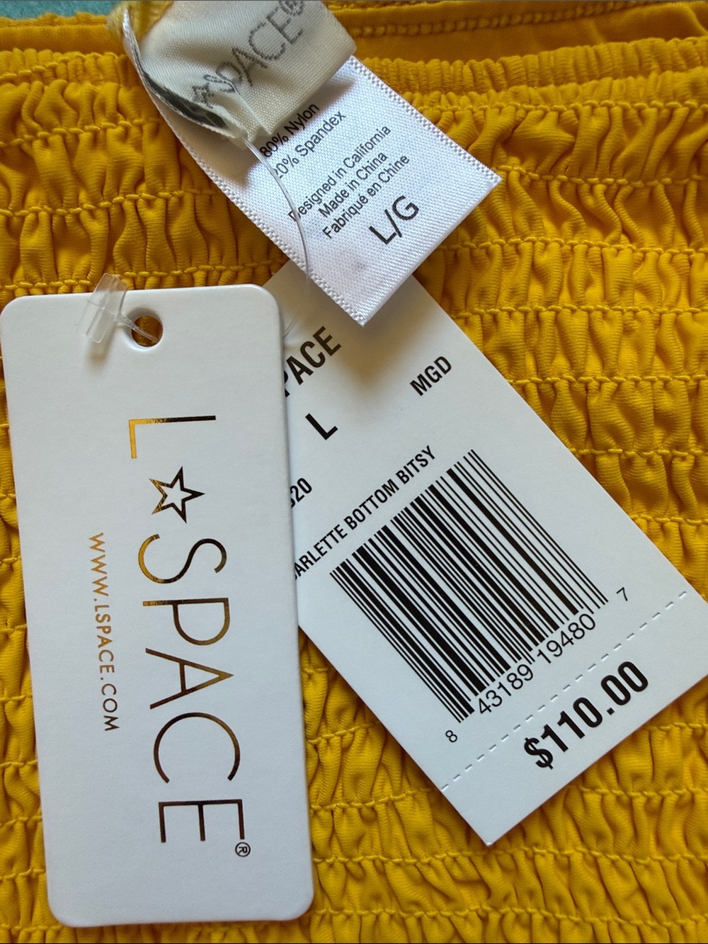 L*Space Golden Yellow Smocked Bikini Bottom NWT - Picture 2 of 5